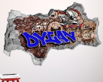 Custom Graffiti Wall Decals, Personalized Teen Spray Paint Art, Cracked Wall Effect Mural, Playroom & Gameroom Décor, Large Vinyl Sticker