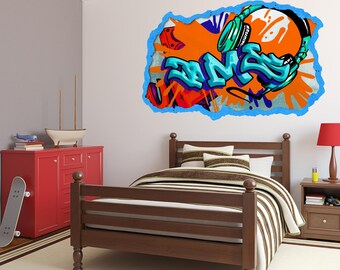 Custom Name Graffiti Wall Sticker - Headphones Street Art, Colorful Peel & Stick Vinyl, Music Theme Decor for Teen Room, Urban Wall Art