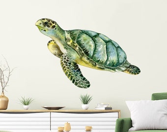 Sea Turtle Full Color Mural - Turtle Wall Stickers - Tortoiseshell Art - Bathroom Wall Decals - Nautical Marine Decor - Sea Animal PS121