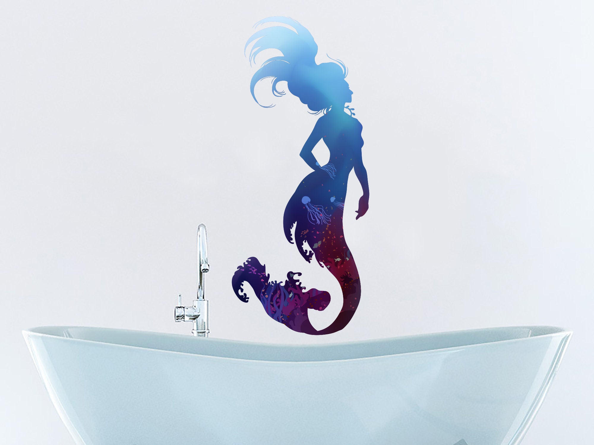 Mermaid Wall Decal. Mermaid Silhouette Full Color Murals. Etsy