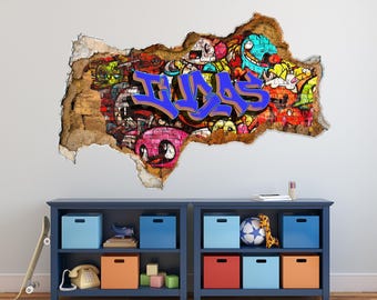 Personalized Graffiti Wall Decals, Teen Name Decal Graffiti Street Art, Custom Teenage Room Wall Sticker, Cracked Wall Effect Graffiti Mural
