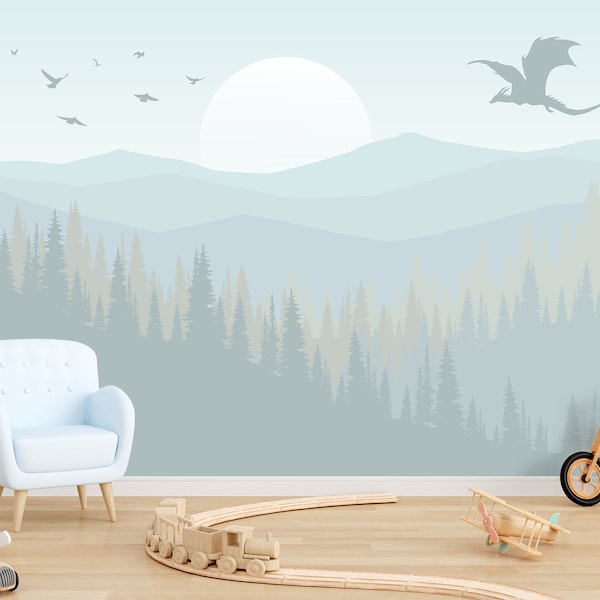 Blue Ombre Mountains Wallpaper for Baby Boys Room Removable. Dragon Wall Mural. Forest Pine PVC FREE Self Adhesive. Woodland Kids Wallpaper