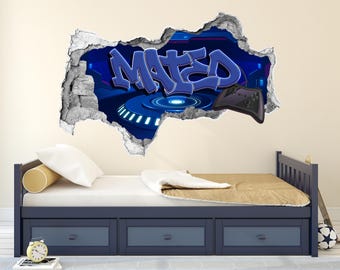 Personalized Graffiti Name Wall Decal, Gaming Controller Sticker, Futuristic Tech Decor, Peel Stick Vinyl for Bedroom, Custom Gamer Wall Art