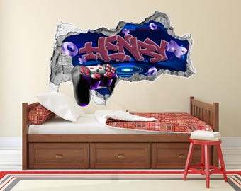 Custom Graffiti Wall Decal - Name with Gaming Design, Tech Street Art Sticker, Peel & Stick Vinyl, Futuristic Decor for Teen Room, Gamer Art