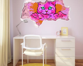 Graffiti Cat Wall Decal - Personalized Pink Cat Wall Art for Kids & Teens, Urban Wall Sticker, Girls Room Decor, Street Art Wall Mural