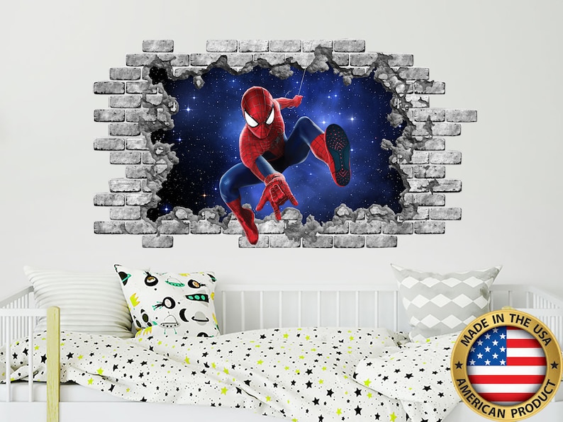 Spiderman Wall Decal Spiderman and Space Above Crib Decor C2201 Superhero Vinyl Sticker Murals Comics Wall Sticker Hole in the Decal