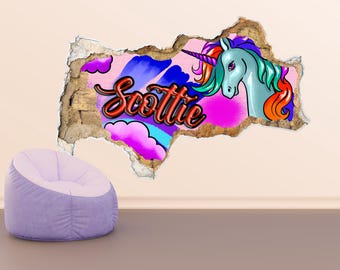 Custom Name Graffiti Wall Decal - Colorful Unicorn Wall Sticker for Kids Room, Teen Girls Decor, Street Art Wall Art Personalized Wall Mural