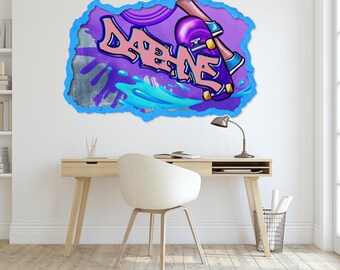 Personalized Graffiti Name Wall Decal, Skateboarder Street Art Sticker, Colorful Urban Decor, Peel Stick Vinyl for Bedroom, Custom Wall Art