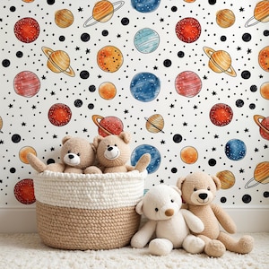 Kids Space Wallpaper, Colorful Planets Wall Decor, Watercolor Stars Nursery Wall Mural, Baby Room Decor, Space Theme Wallpaper Baby Wall Art