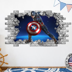 Captain America Wall Decals. Superheroes Avengers Full Color Murals. Hole in the Decal. Captain America Stickers. Boys Bedroom Decor PS153