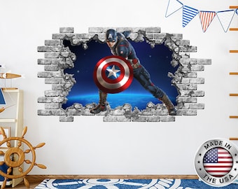 Stickers muraux Captain America. Peintures murales en couleur Superheroes Avengers. Trou dans la décalcomanie. Autocollants Captain America. Décoration de chambre de garçons PS153