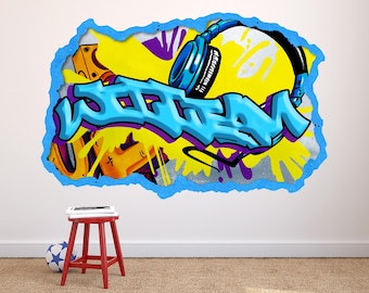 Custom Graffiti Wall Decal - Personalized Name with Headphones, Street Art Sticker, Colorful Vinyl, Music Lover Decor for Kids Room