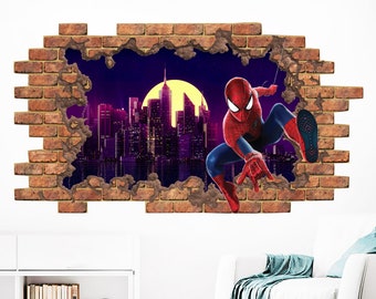 Spiderman Wall Decal. Superhero Vinyl Sticker Murals. Hole in the Decal. Night City Wall Sticker. Spiderman Above Bed Bedroom Decor C2206