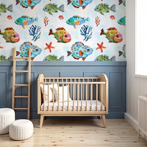 Tropical Fish Wallpaper for Kids Room - Ocean Wall Decal with Starfish, Coral, Peel & Stick Vinyl, Colorful Nursery Decor, Sea Theme