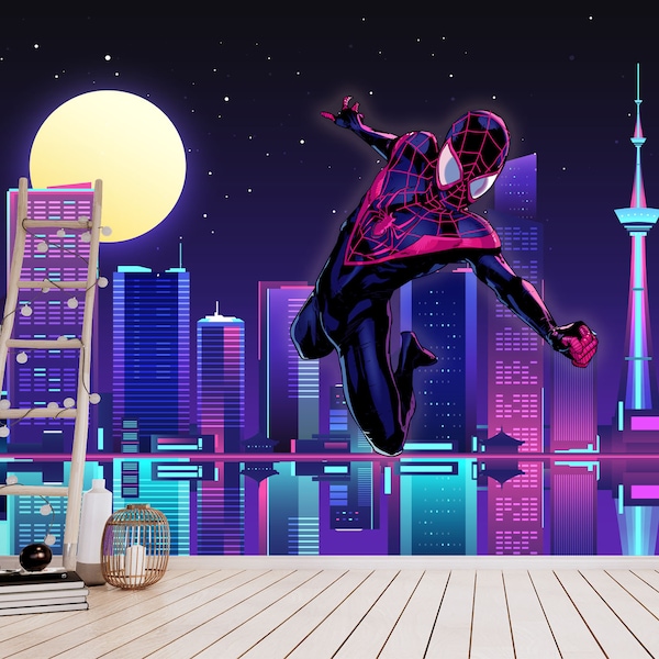 Spiderman Wallpaper for Kids Room. Night City Background Wall Mural. Superhero Peel and Stick Wallpaper. Superhero Toddler Boys Playroom