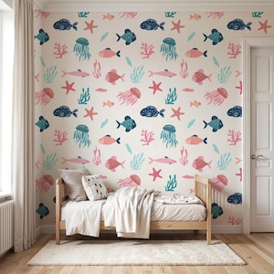 Ocean Fish Wallpaper for Kids Room - Underwater Wall Decal with Jellyfish, Starfish, Coral, Peel & Stick Vinyl, Cute Nursery Decor Sea Theme