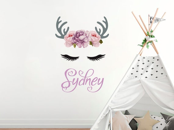 Peony Vinyl Sticker Personalized Name Girl Name Above Crib Bedroom Decor PS42 Girl Name Flowers Wall Decal Antlers Deer Rustic Decor