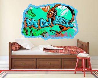 Graffiti Wall Decal with Custom Name - Headphones Street Art, Colorful Peel & Stick Vinyl, Music Decor for Teen Room, Urban Street Style