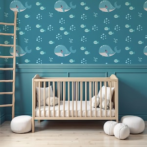 Whale & Fish Wallpaper - Underwater Theme Kids Room Wall Mural - Dark Ocean Vinyl Decal - Cute Sea Animal Nursery Decor with Bubbles Fish