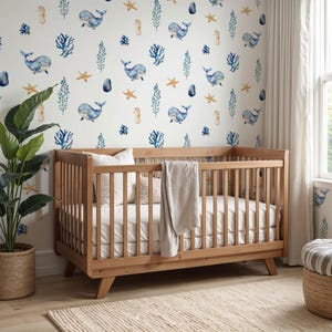 Whale and Seahorse Wallpaper for Kids Room - Ocean Wall Decal with Starfish, Coral, Peel & Stick Vinyl, Cute Nursery Decor, Underwater Theme