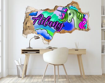 Graffiti Name Wall Sticker Personalized - Unicorn Wall Decor for Kids Room, Girls Wall Art, Custom Street Art Decal, Childrens Wall Mural
