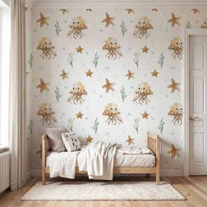 Jellyfish Wallpaper for Kids Room - Ocean Wall Decal with Starfish, Seaweed, Peel & Stick Vinyl, Cute Nursery Decor, Sea Friends Theme