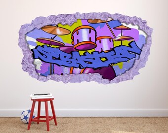 Custom Urban Wall Art, Personalized Graffiti Name Wall Decal, Drum Set Street Art Sticker, Colorful Music Decor, Peel & Stick Vinyl