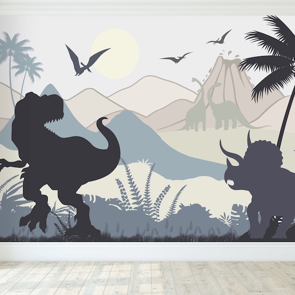 Dinosaur Wallpaper for Boys Room. Trex and Volcano Wall Mural. Accent Jurassic Self Adhesive Wallpaper. Dino Non-Woven for Kids Playroom