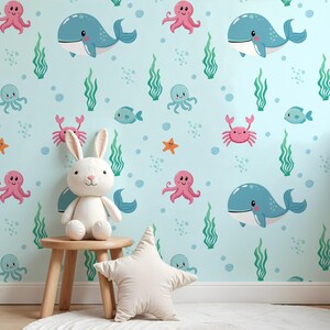 Underwater Whale Wallpaper - Ocean Theme Wall Mural for Kids Room Nursery - Cute Sea Animals Decal - Peel & Stick Vinyl Wall Decor