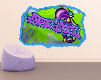 Custom Graffiti Wall Decal - Name with Skateboarder, Vibrant Street Art Sticker, Peel & Stick Vinyl, Urban Room Decor for Teens, Skater Art