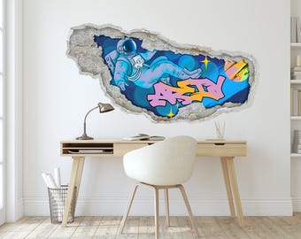 Personalized Graffiti Name Wall Decal - Astronaut Wall Art for Kids Teens, Space Wall Decor, Custom Street Art Sticker, Childrens Wall Mural