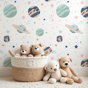 Pastel Space Wallpaper for Kids - Planets & Stars Wall Mural, Space Nursery Decor, Boys Girls Room Decor, Minimalist Wallpaper, Baby Decor