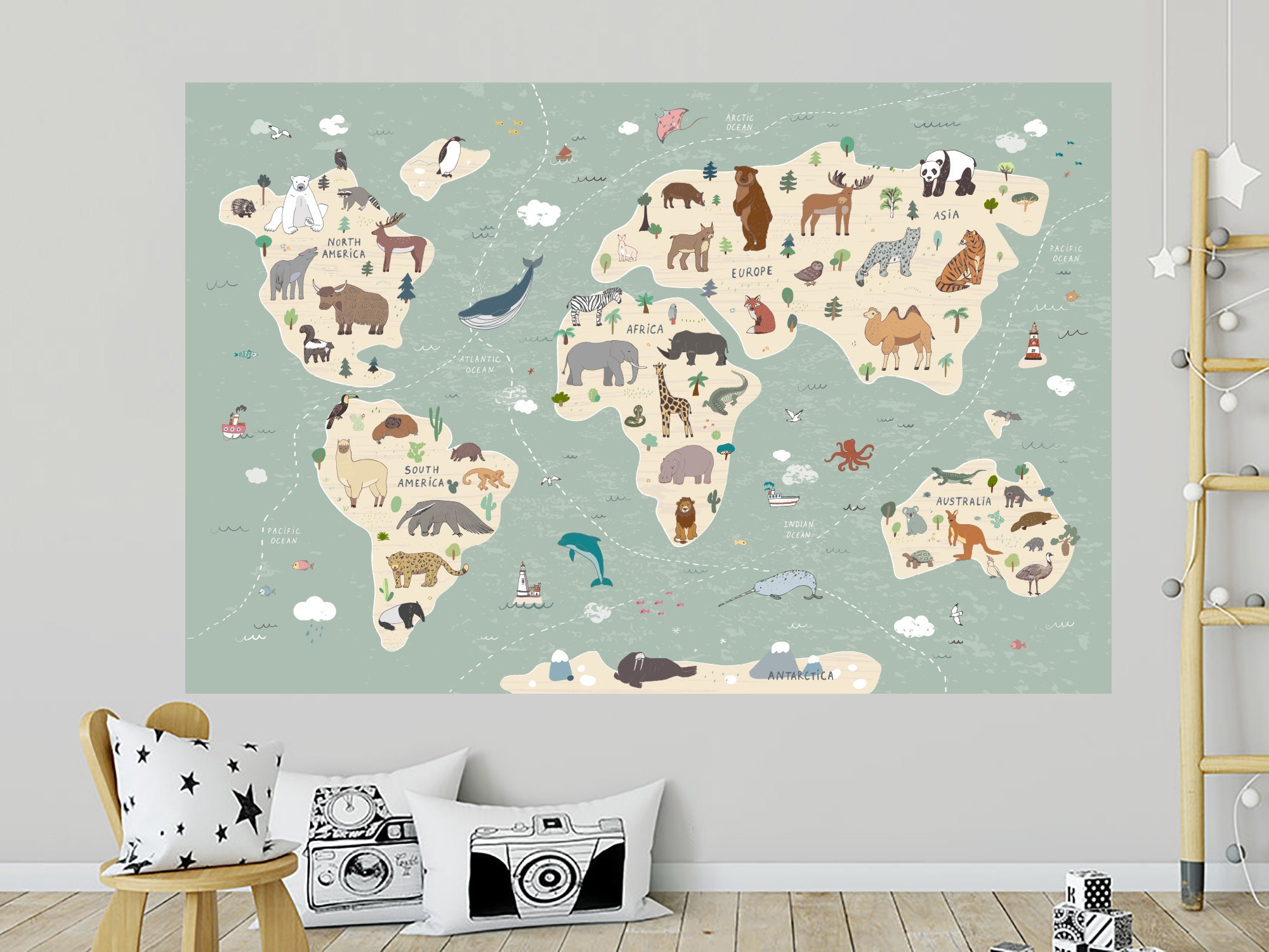 Kids World Map Wall Stickers. World Map Wall Mural Animals. Etsy