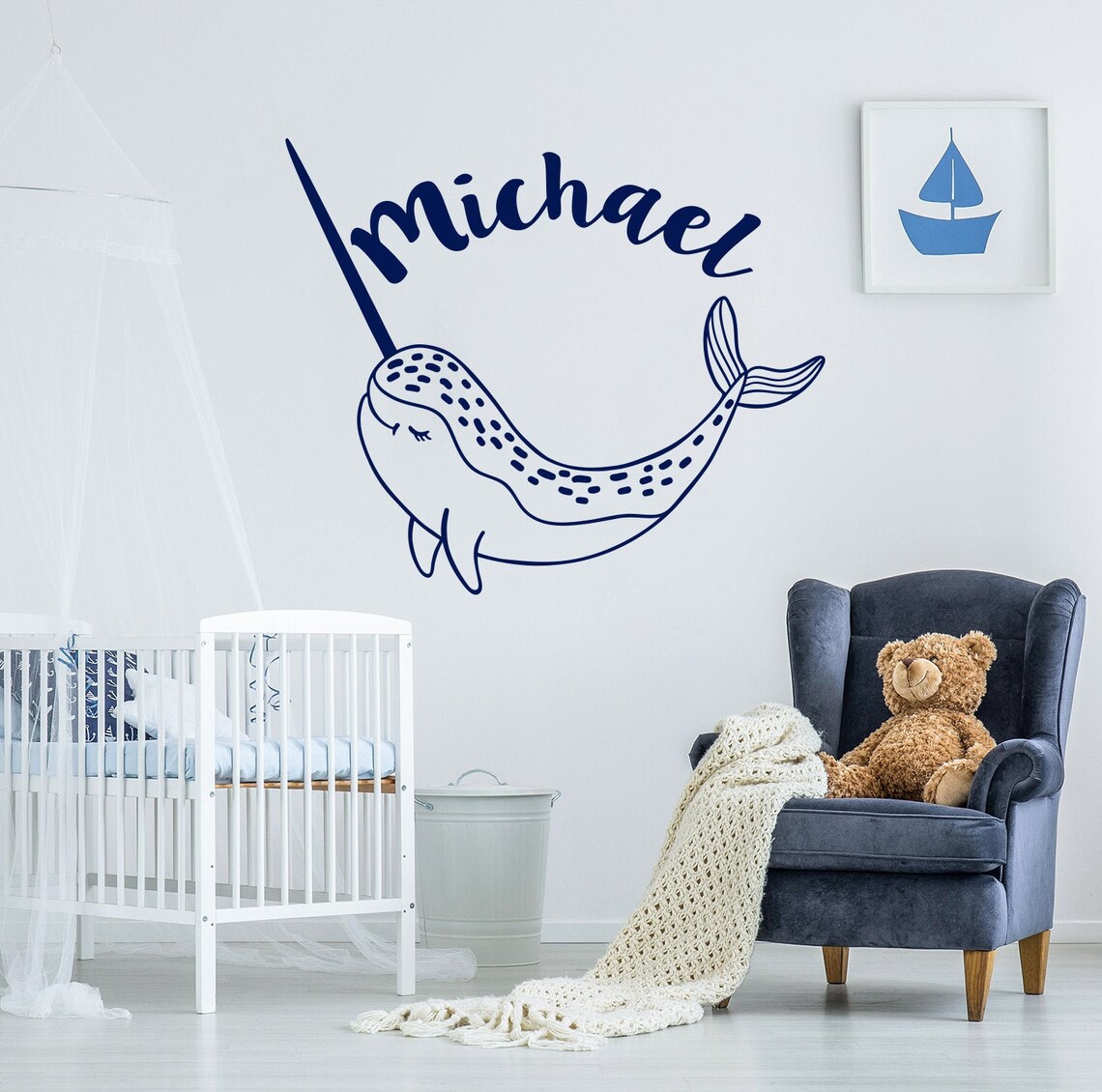 Narwhal Whale Wall Decal. Boys Name Wall Sticker. Sea Animals Etsy