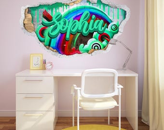 Custom Name Graffiti Wall Decal - Colorful Rainbow Wall Sticker for Kids Room, Teen Girls Decor, Street Art Wall Art Personalized Wall Mural