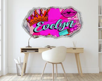 Custom Name Graffiti Wall Decal - Urban Wall Art for Kids Room, Teen Girls Decor, Crown & Lips Wall Sticker, Street Art Wall Mural