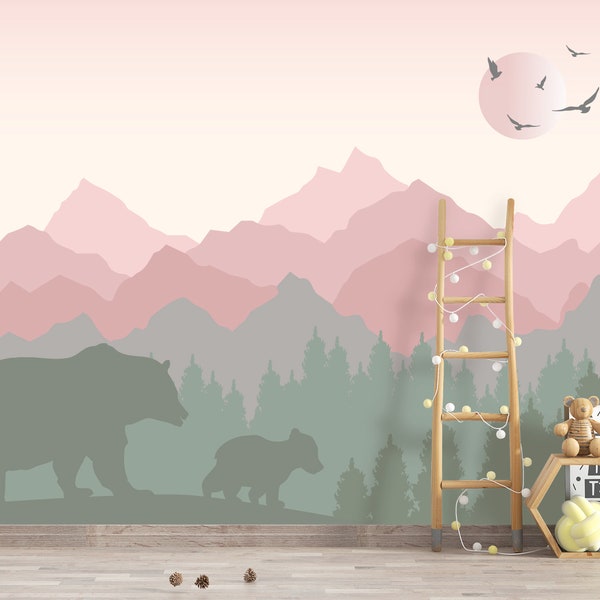 Mountain Wallpaper for Girl Room Removable. Woodland Wall Mural. Pink Ombre Mountains Peel and Stick. Bear Animals Wallpaper Non-Woven