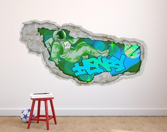 Custom Name Graffiti Wall Decal - Space Astronaut Wall Sticker for Kids Room, Teen Decor, Street Art Wall Art, Personalized Wall Mural