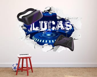 Graffiti Name Wall Decal Custom - VR Gaming Headset Art Sticker, Futuristic Peel & Stick Vinyl, Tech Decor for Bedroom, Gamer Wall Art