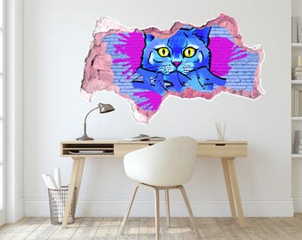 Personalized Graffiti Wall Decal - Blue Cat Wall Sticker for Kids Room, Teen Girls Decor, Urban Street Art Wall Art, Childrens Wall Mural