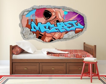 Personalized Graffiti Name Wall Decal - Astronaut Wall Art for Kids Teens, Boys Room Decor, Custom Space Wall Sticker, Childrens Wall Mural