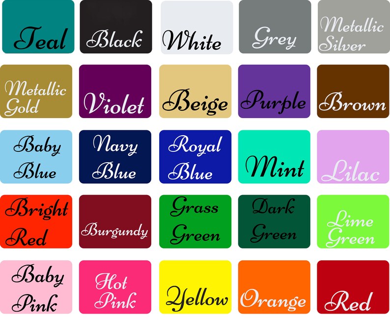Pode incluir: Uma tabela de 25 amostras de cor com os nomes de cada cor escritos em fonte cursiva preta. As cores incluem azul-petr&oacute;leo, preto, branco, cinza, prata met&aacute;lica, ouro met&aacute;lico, violeta, bege, roxo, marrom, azul beb&ecirc;, azul marinho, azul royal, menta, lil&aacute;s, vermelho brilhante, bord&ocirc;, verde grama, verde escuro, verde lim&atilde;o, rosa beb&ecirc;, rosa quente, amarelo, laranja e vermelho.