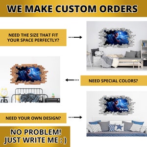 May include: A graphic design company advertises custom wall decals. The image shows three examples of wall decals: a superhero character breaking through a brick wall, a superhero character breaking through a brick wall with a name added, and a superhero character breaking through a brick wall with a different color scheme. The text reads "We make custom orders. Need the size that fit your space perfectly? Need special colors? Need your own design? No problem! Just write me :)"