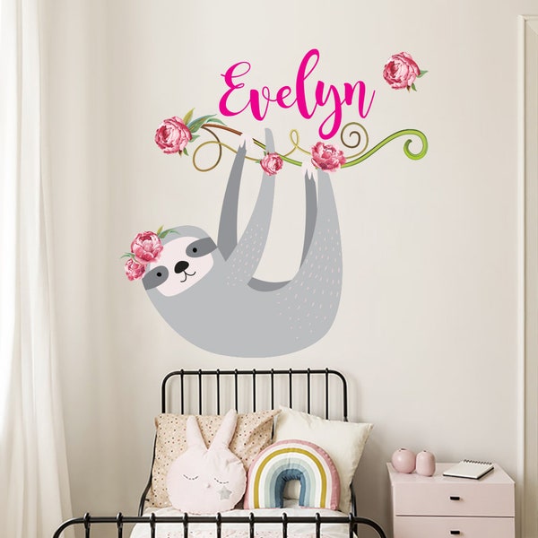 Sloth Custom Girl Name Wall Decals. Removable Vinyl Sticker Murals. Sloth and Flowers Nursery Bedroom Decor. Sloth Above Crib Decals PS188