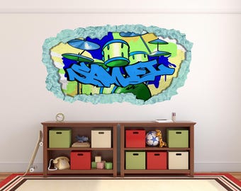 Personalized Graffiti Name Wall Decal, Drum Set Street Art Sticker, Colorful Music Decor, Peel  Stick Vinyl for Bedroom, Custom Urban Art