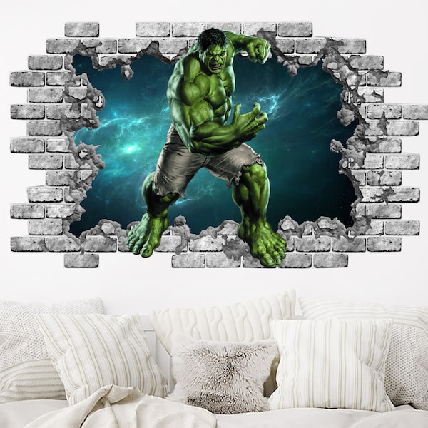 Hulk Hole in the Decal. Superheroe Vinyl Sticker Murals. Avengers Wall Stickers. Hulk Above Bed Bedroom Decor. Superheroes Boys Gifts PS261
