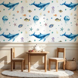 Underwater Whale Wallpaper for Kids Room - Ocean Wall Decal with Fish, Jellyfish, Starfish, Peel & Stick Vinyl, Cute Nursery Decor Sea Theme