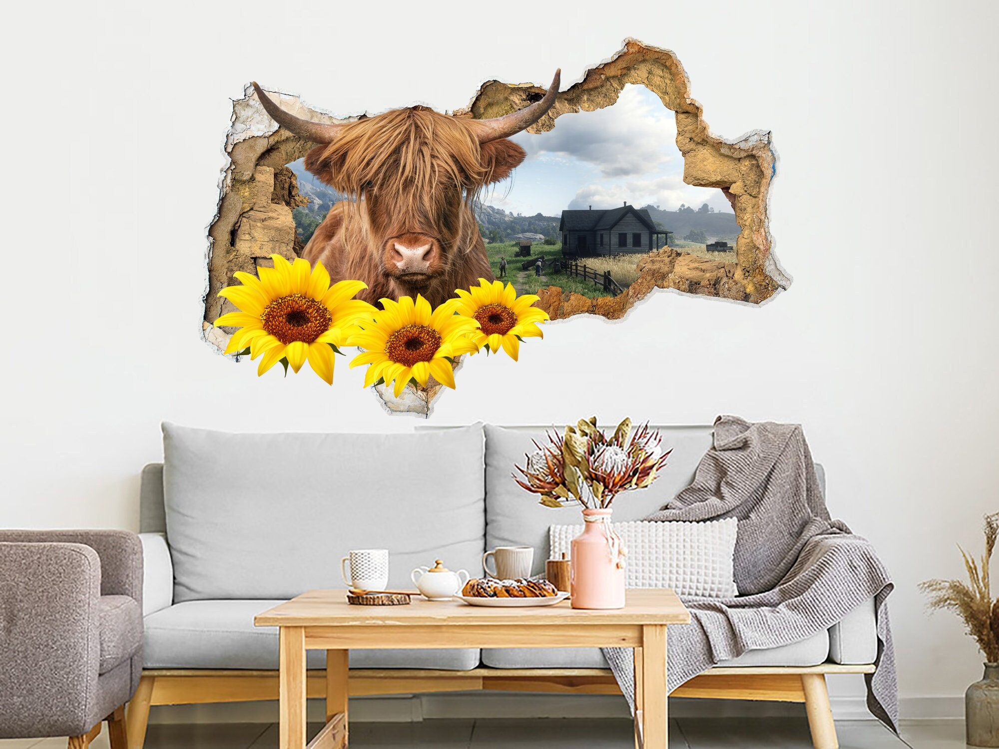 Highland cow wallpaper nursery decor, farm nursery peel and stick