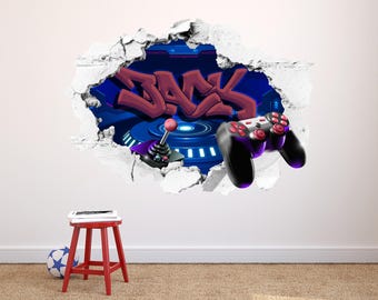 Graffiti Name Wall Decal Custom - Gaming Controller Art Sticker, Futuristic Peel & Stick Vinyl, Tech Decor for Bedroom, Gamer Wall Art