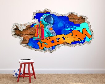 Personalized Graffiti Name Wall Sticker - Space Astronaut Wall Decor for Kids Room, Teen Bedroom Art, Custom Urban Wall Decal